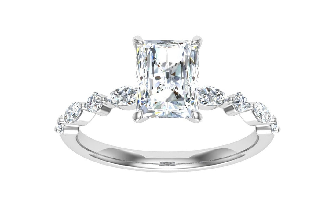 Aura Radiant Cut Side Stones Moissanite Engagement Ring White Gold