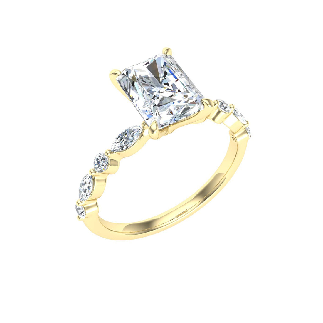 Aura Radiant Cut Side Stones Moissanite Engagement Ring Yellow Gold