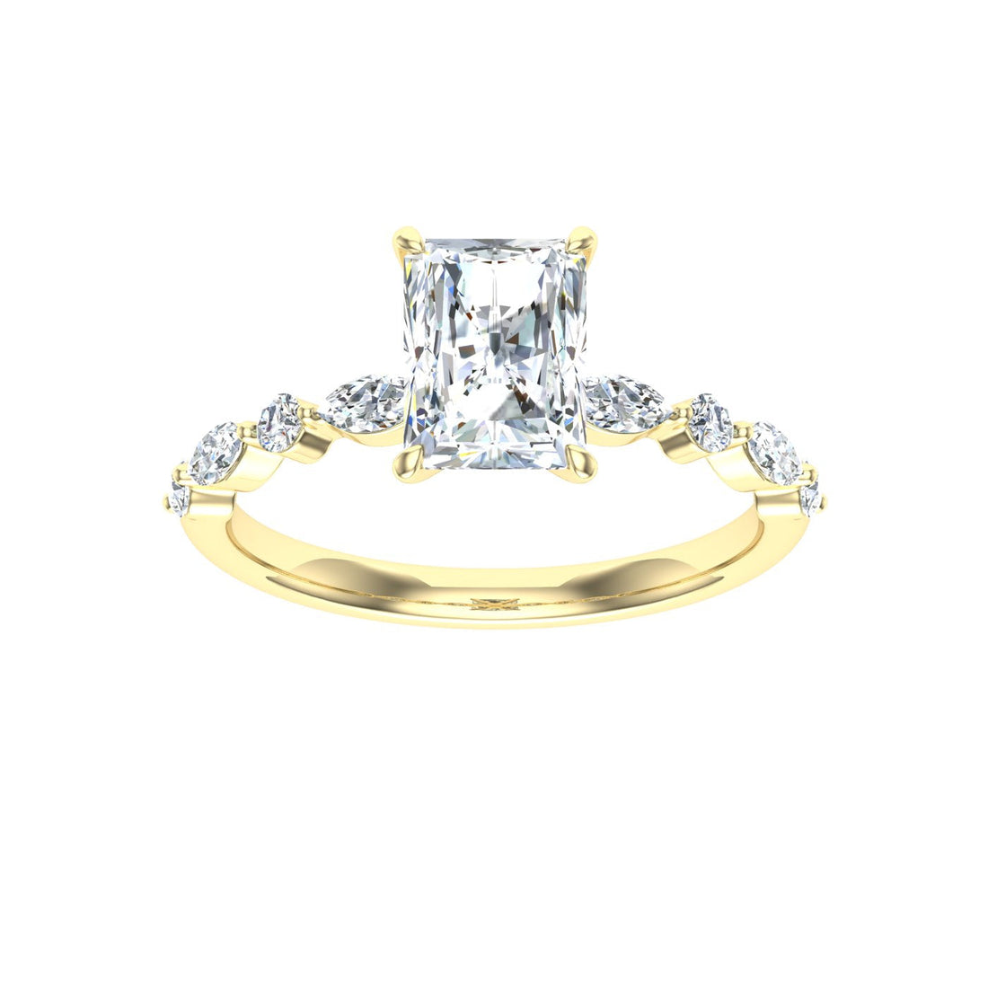 Aura Radiant Cut Side Stones Moissanite Engagement Ring Yellow Gold