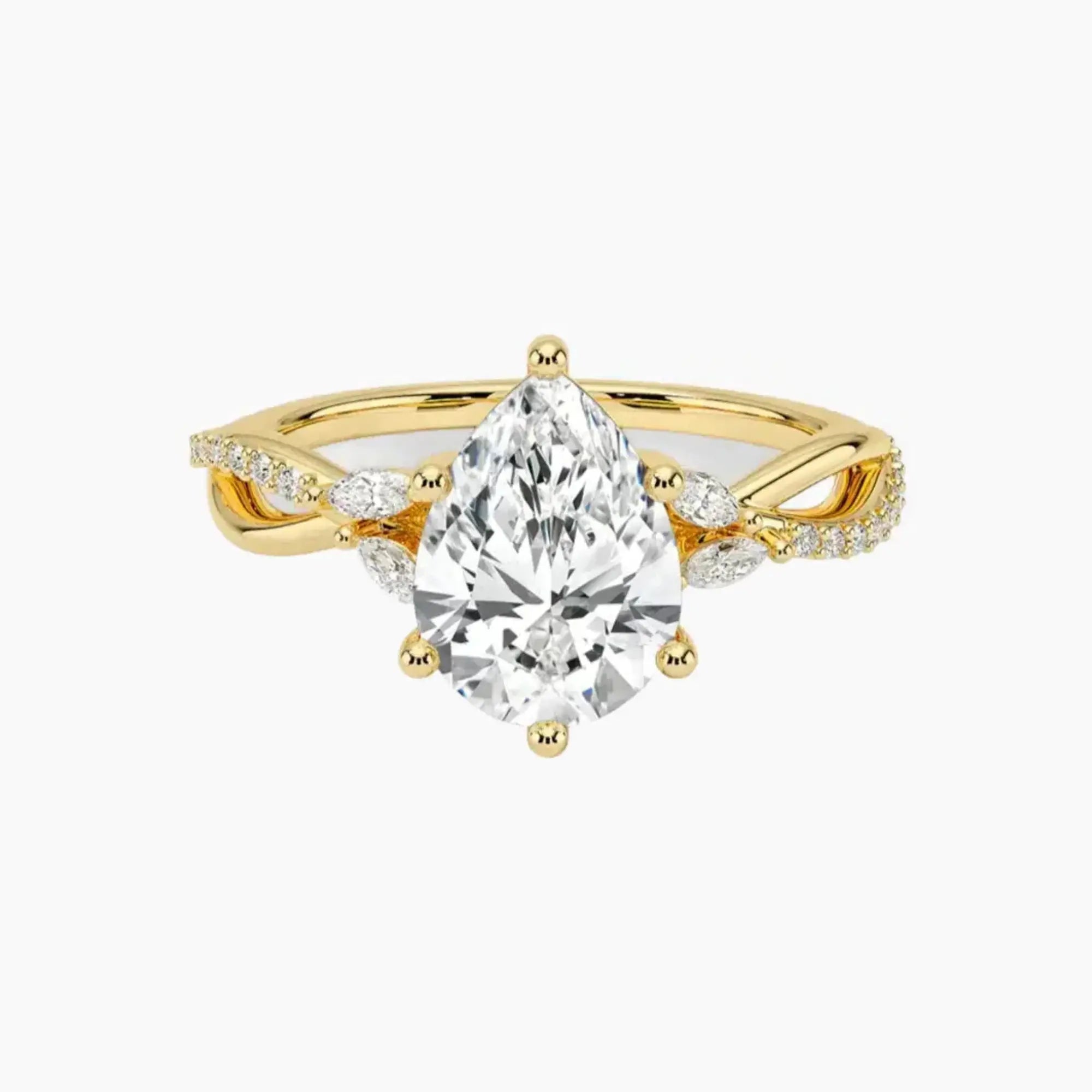 Aria Adorned 4.5 Carat Pear Cut Solitaire Lab Grown Diamond Ring in 10K Yellow Gold