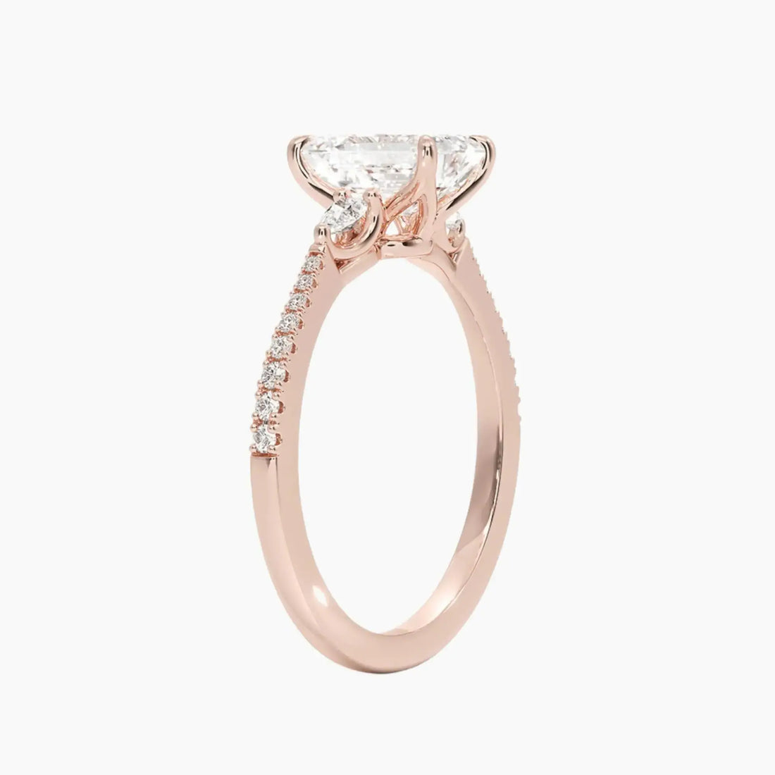 Calliope Pave Emerald Three Stone 1.5 Carat Lab Grown Diamond Engagement Ring in 18K Rose Gold