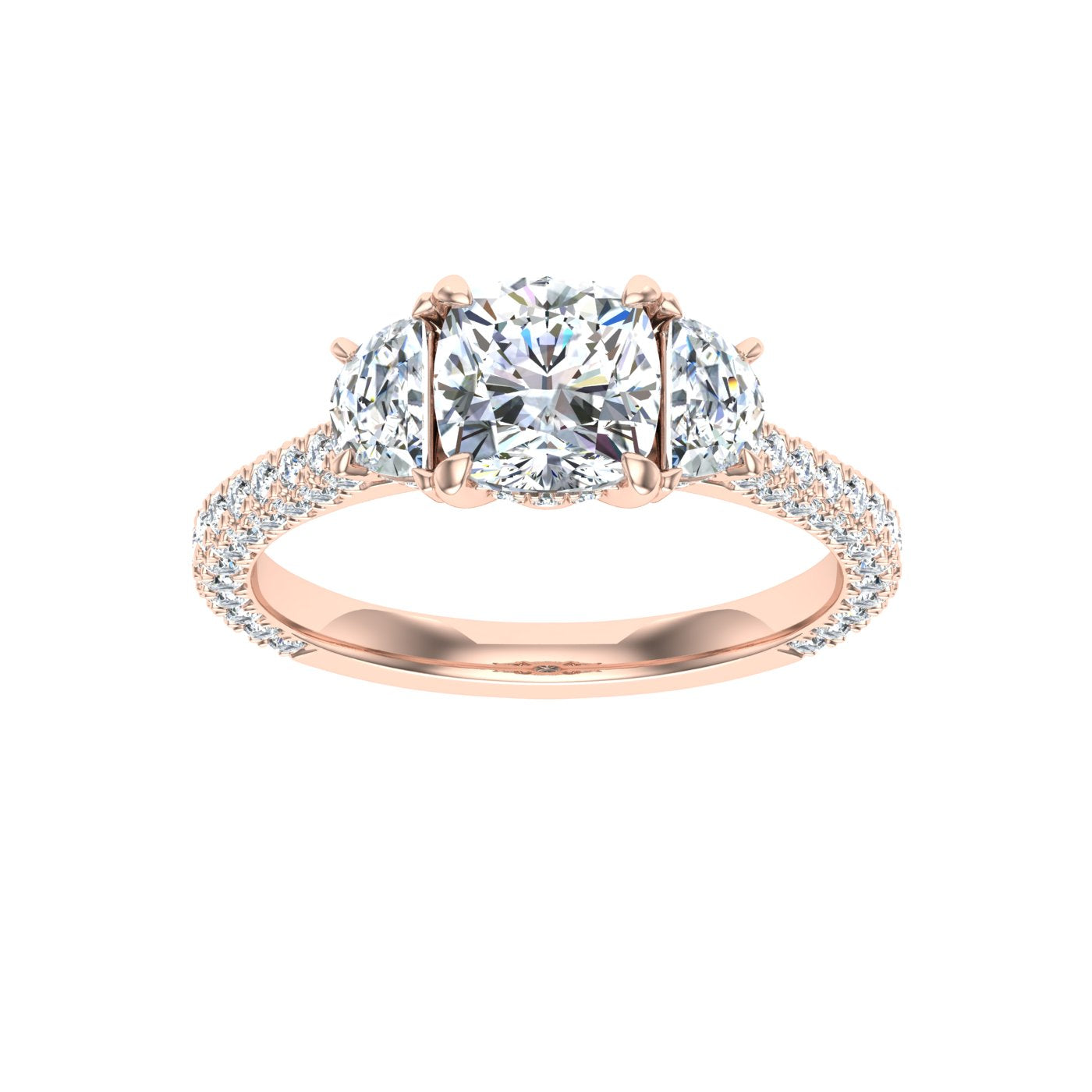 Blazing Cushion 3 Stone Moissanite Engagement Ring Rose  Gold