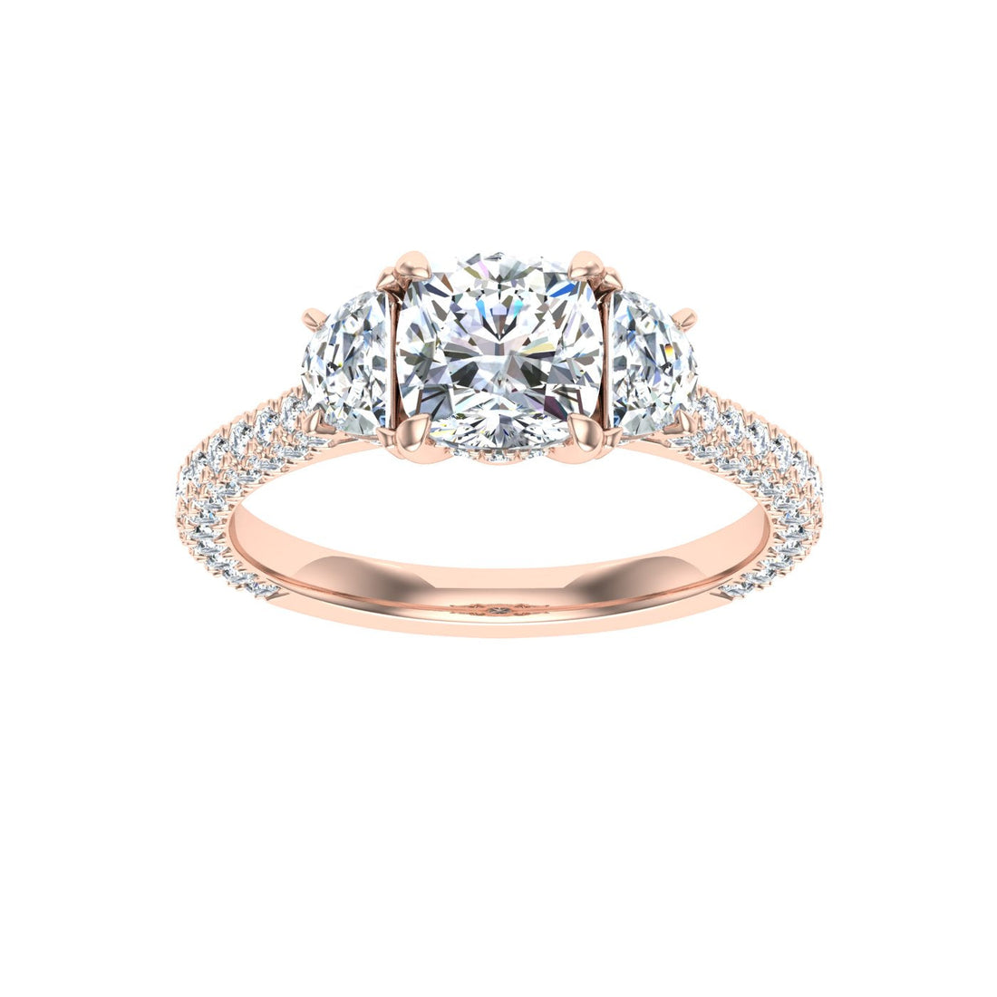 Blazing Cushion 3 Stone Moissanite Engagement Ring Rose  Gold