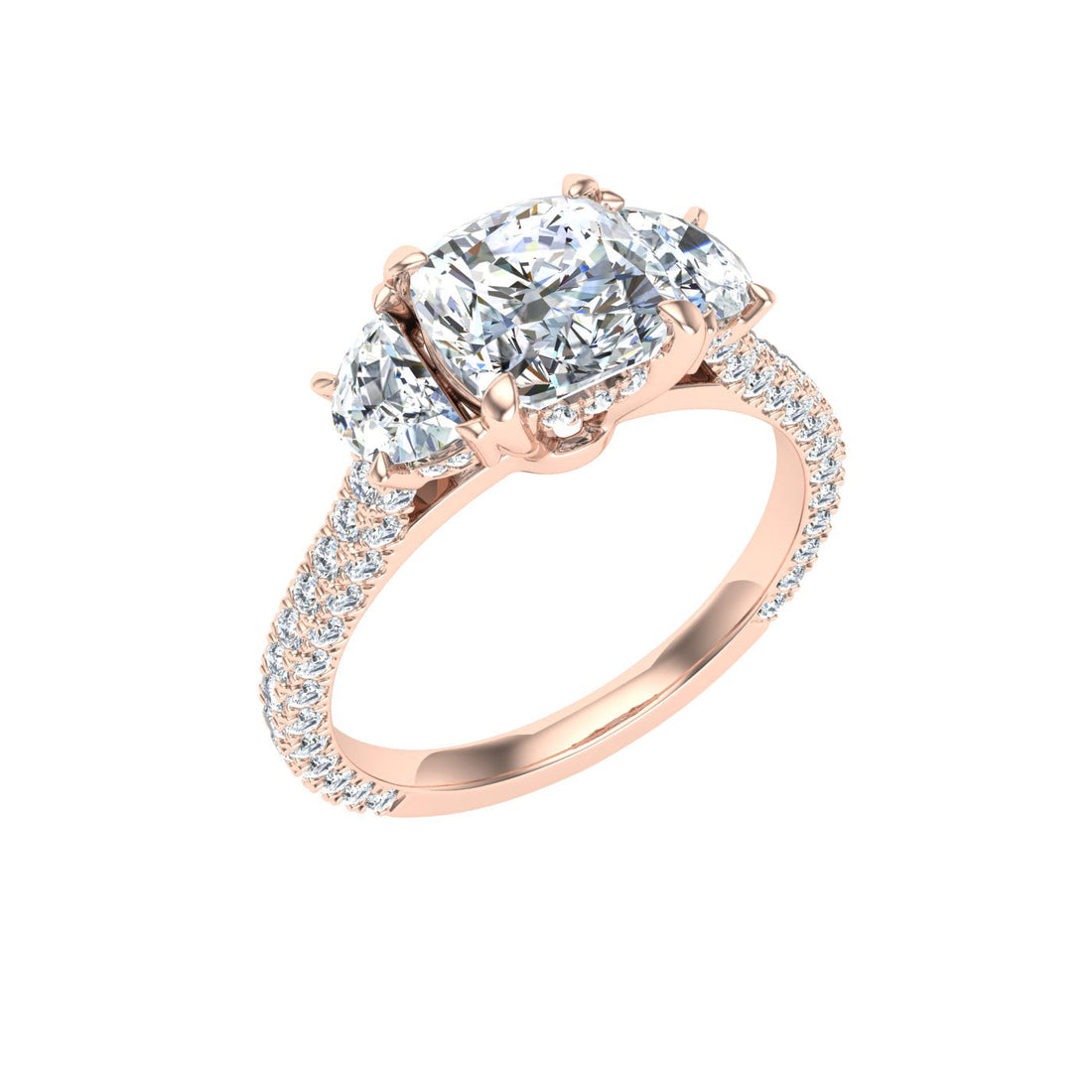 Blazing Cushion 3 Stone Moissanite Engagement Ring Rose  Gold