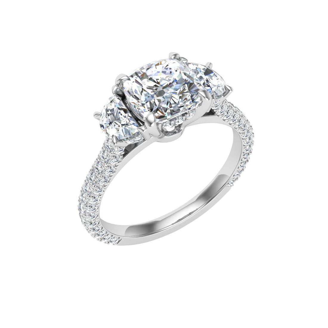 Blazing Cushion 3 Stone Moissanite Engagement Ring White Gold