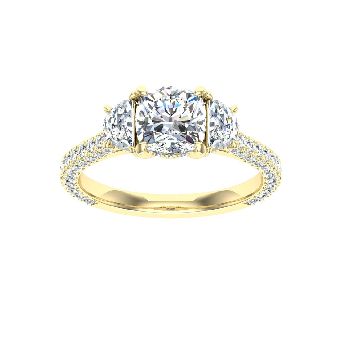 Blazing Cushion 3 Stone Moissanite Engagement Ring Yellow Gold