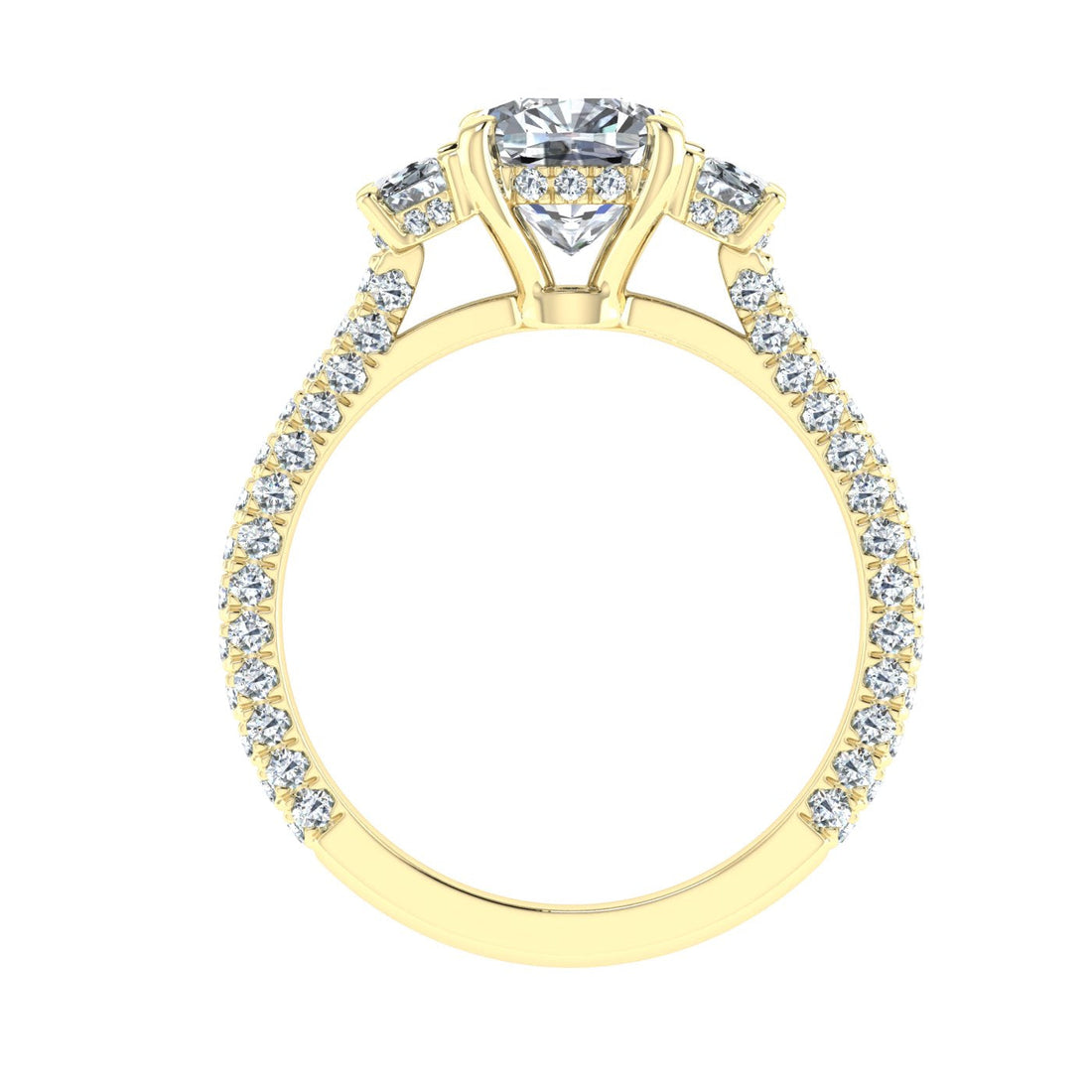 Blazing Cushion 3 Stone Moissanite Engagement Ring Yellow Gold