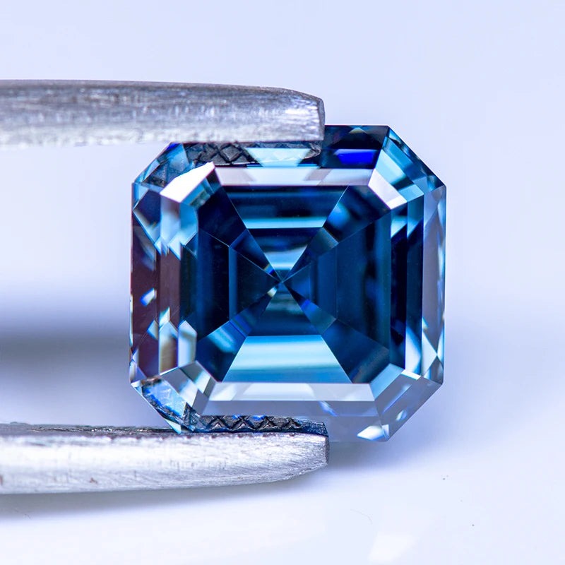 Blue Asscher Cut Certified Moissanite