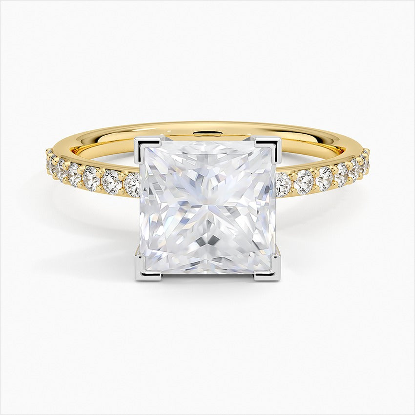 Brilliant Princess Cut Side Stones Moissanite Engagement Ring Yellow Gold