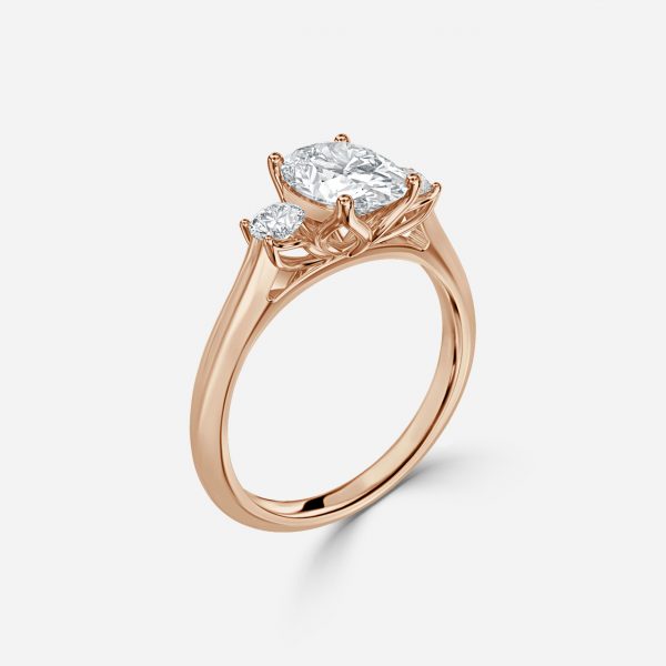 Budding Oval Three Stone Moissanite Engagement Ring Rose Gold