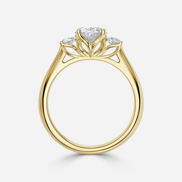 Budding Oval Three Stone Moissanite Engagement Ring Yellow Gold