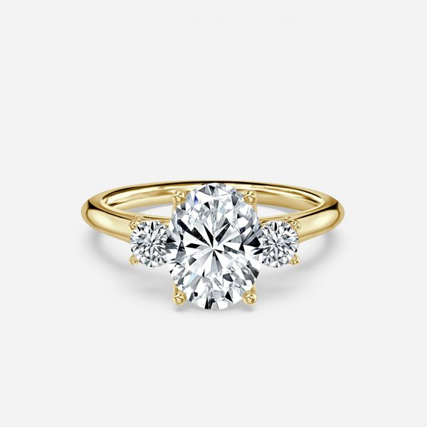 Budding Oval Three Stone Moissanite Engagement Ring Yellow Gold