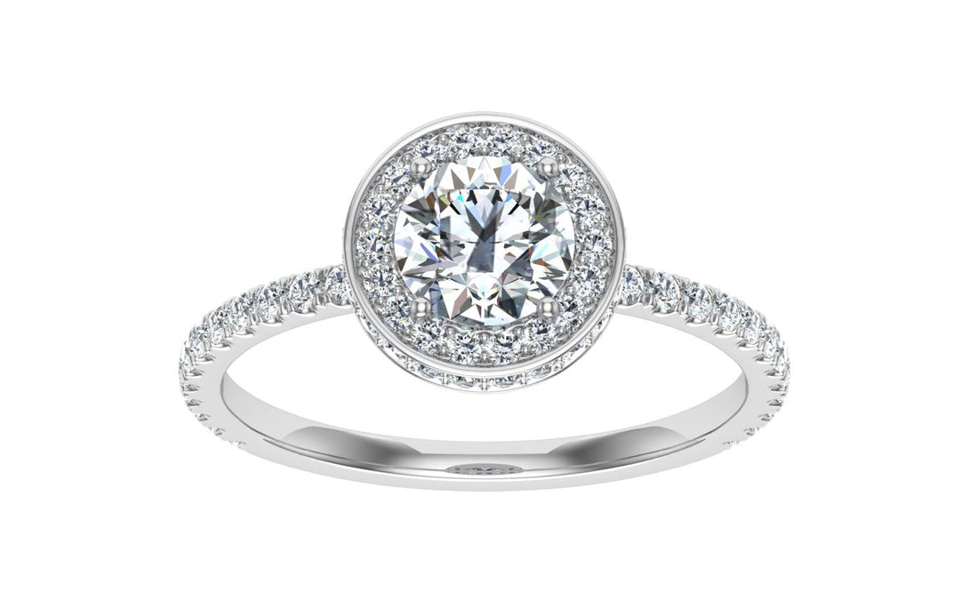 Cascade Round Cut Double Edge Halo Moissanite Engagement Ring White Gold