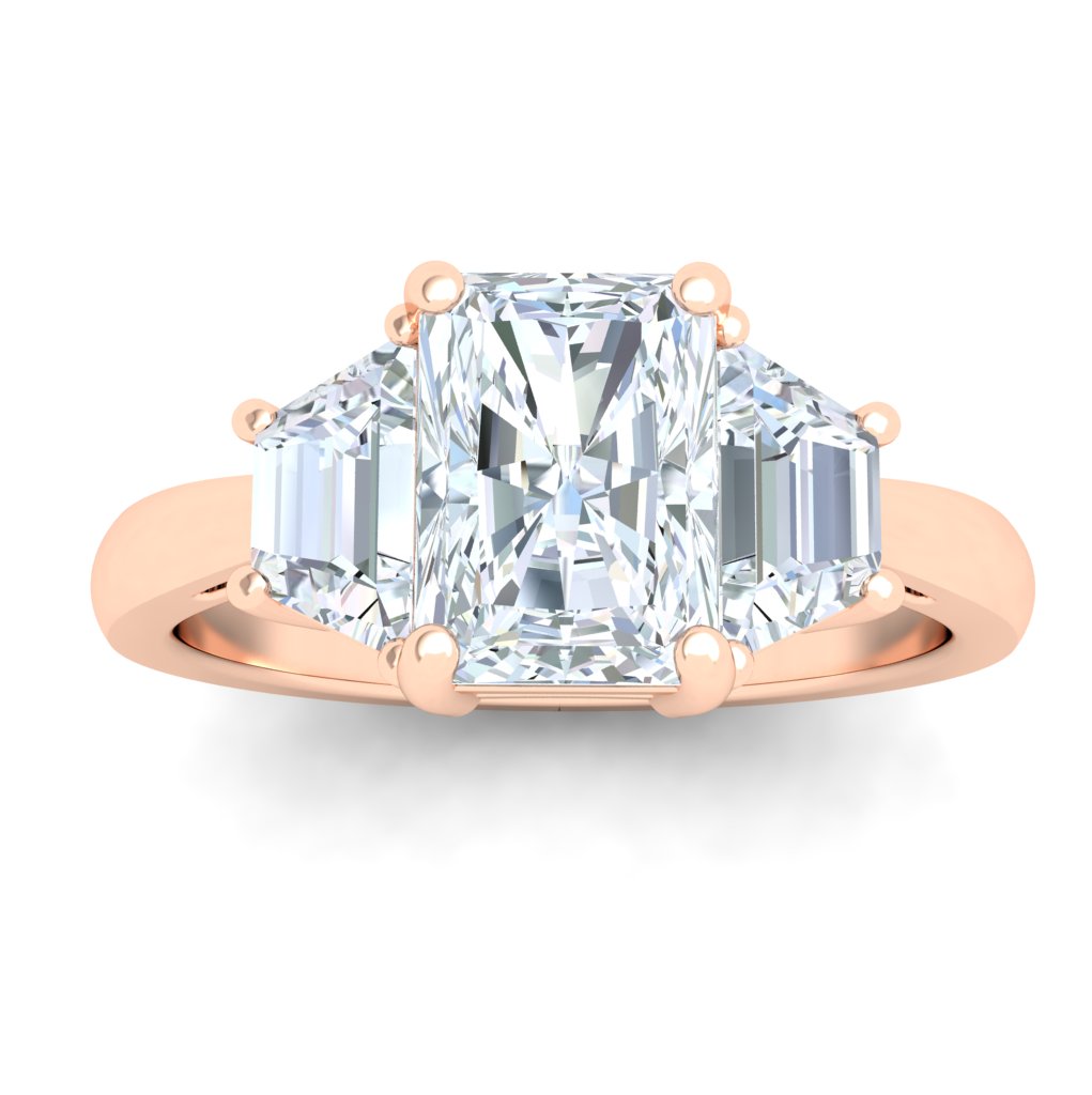 Celestial Radiant 3 Stone Moissanite Engagement Ring Rose Gold