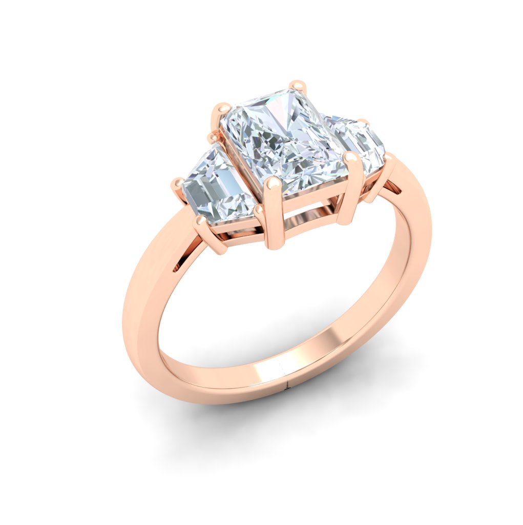 Celestial Radiant 3 Stone Moissanite Engagement Ring Rose Gold