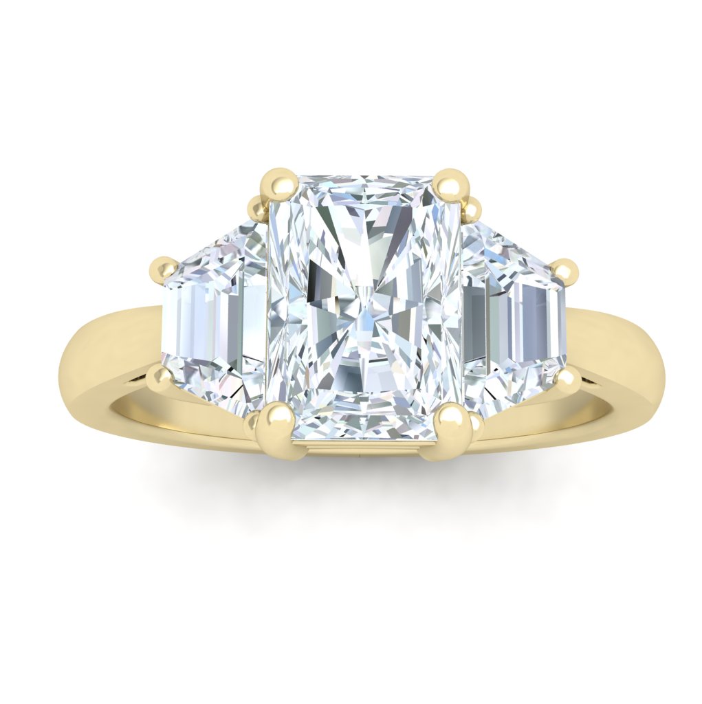 Celestial Radiant 3 Stone Moissanite Engagement Ring Yellow Gold