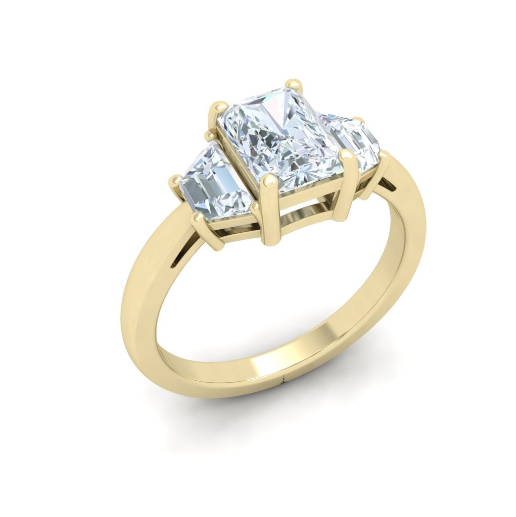 Celestial Radiant 3 Stone Moissanite Engagement Ring Yellow Gold