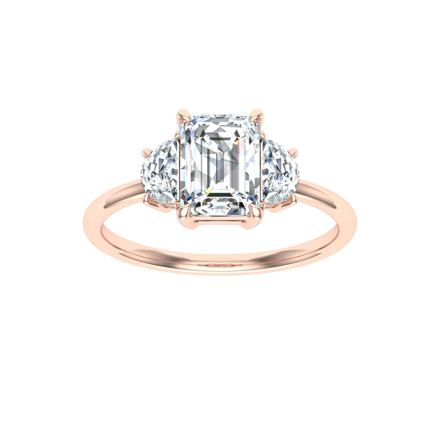 Celestine Emerald 3 Stone Solitaire Moissanite Engagement Ring Rose Gold