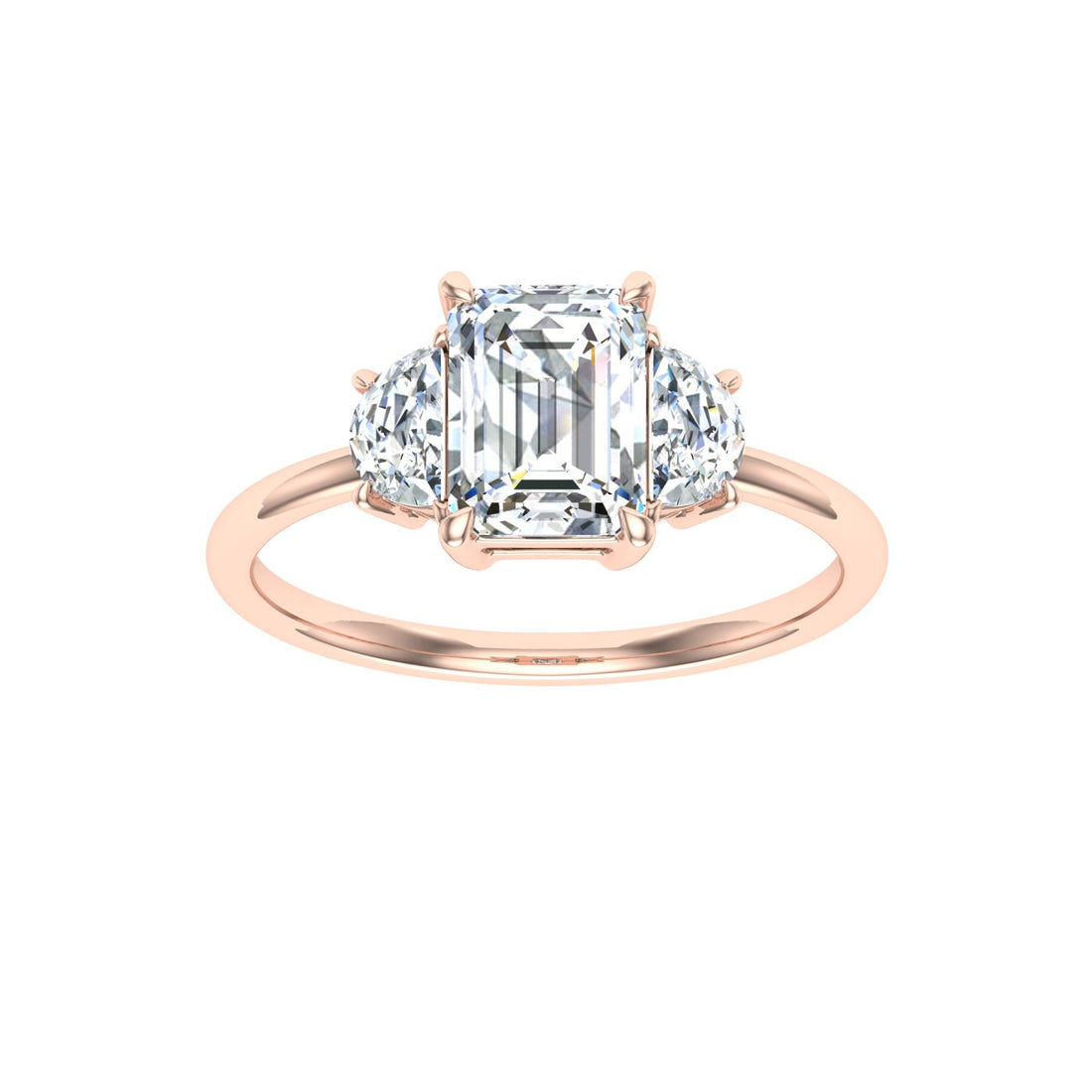 Celestine Emerald 3 Stone Solitaire Moissanite Engagement Ring Rose Gold