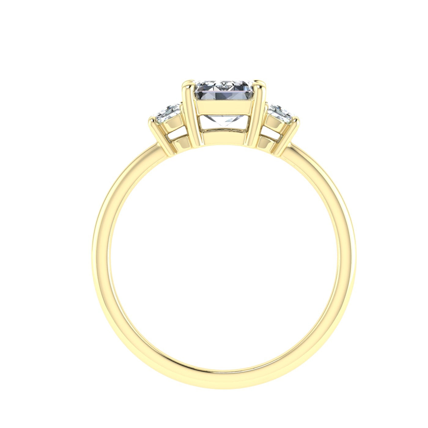 Celestine Emerald 3 Stone Solitaire Moissanite Engagement Ring Yellow Gold