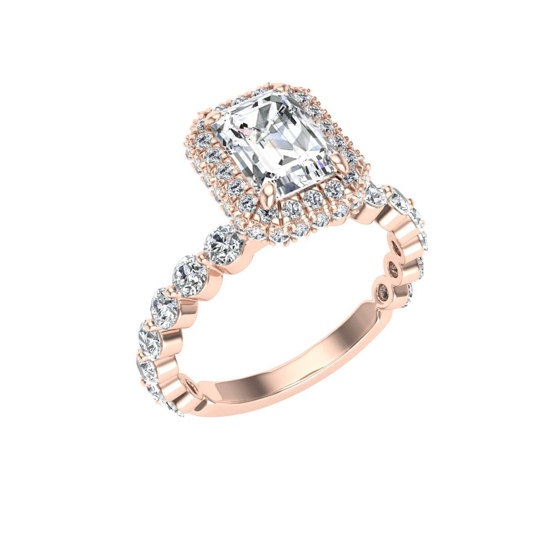 Charisma Emerald Cut Double Edge Halo Moissanite Engagement Ring Rose Gold