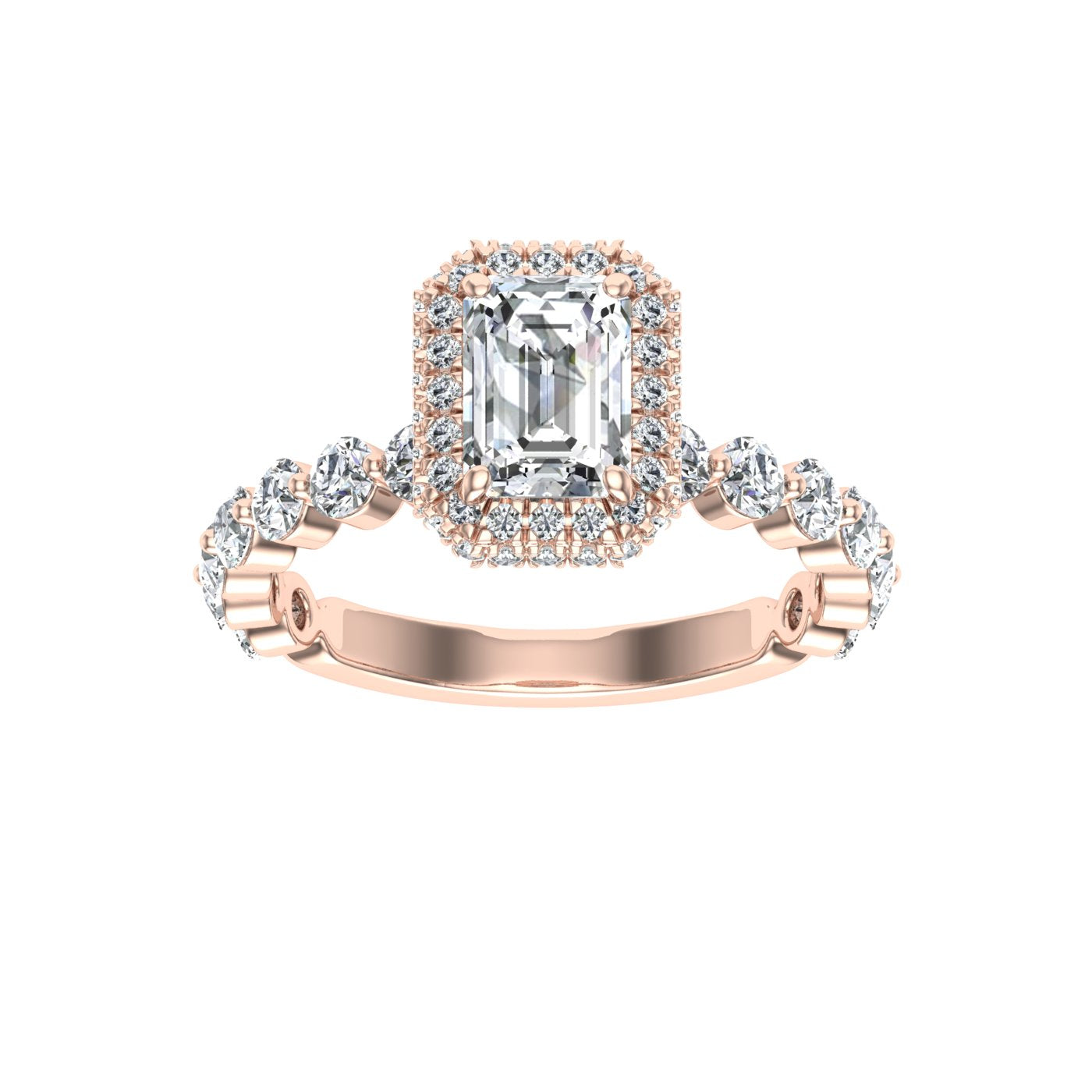 Charisma Emerald Cut Double Edge Halo Moissanite Engagement Ring Rose Gold