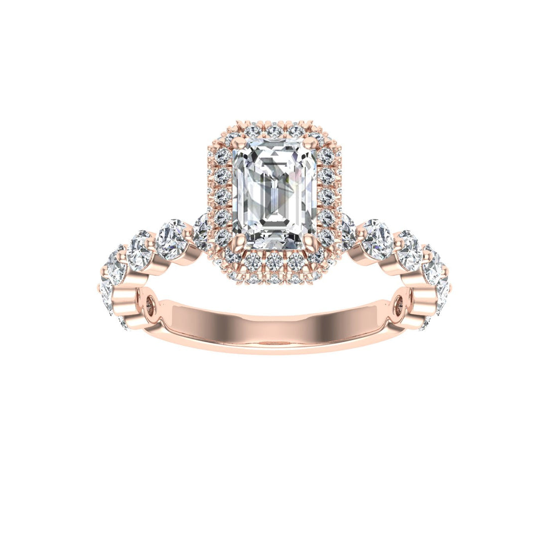 Charisma Emerald Cut Double Edge Halo Moissanite Engagement Ring Rose Gold