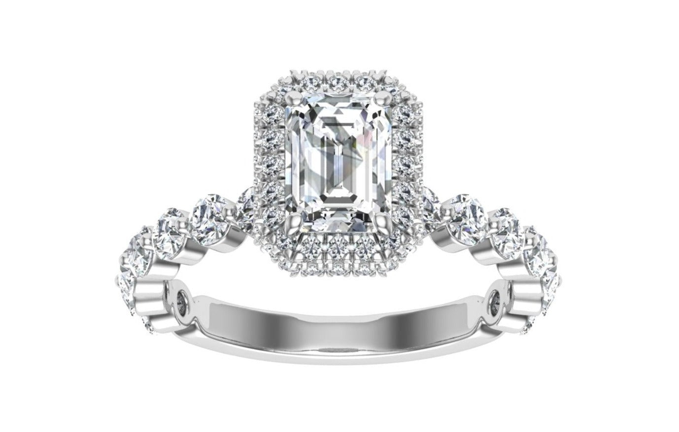 Charisma Emerald Cut Double Edge Halo Moissanite Engagement Ring White Gold