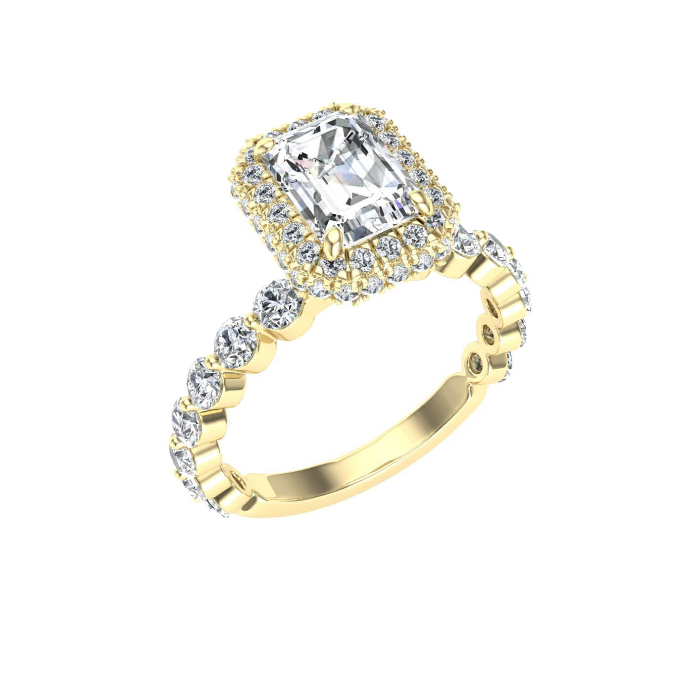 Charisma Emerald Cut Double Edge Halo Moissanite Engagement Ring Yellow Gold