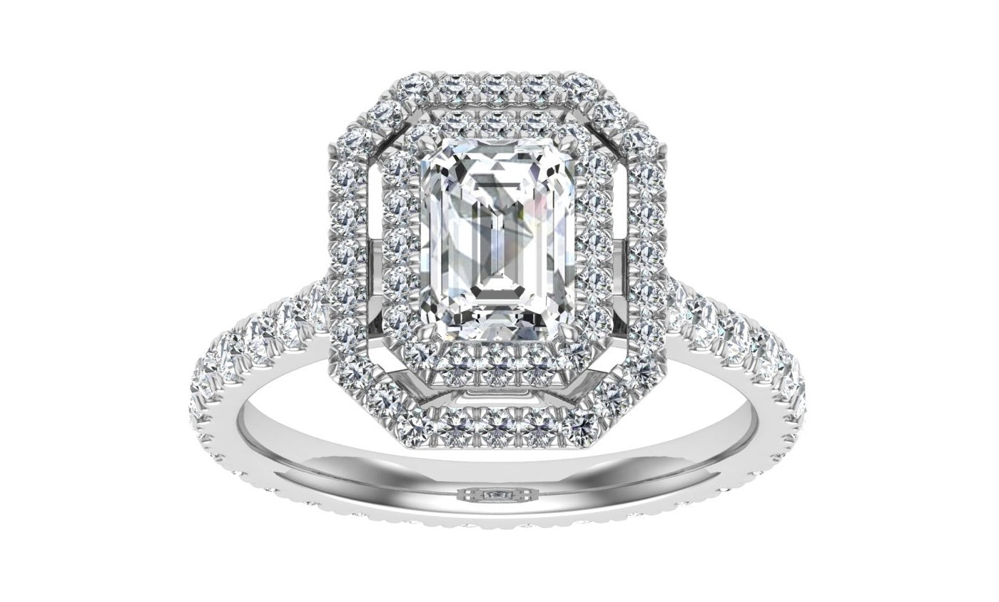 Charm Emerald Cut Halo Moissanite Engagement Ring