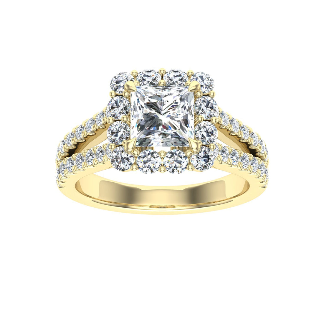 Cherished Princess Cut Halo Moissanite Engagement Ring Yellow Gold