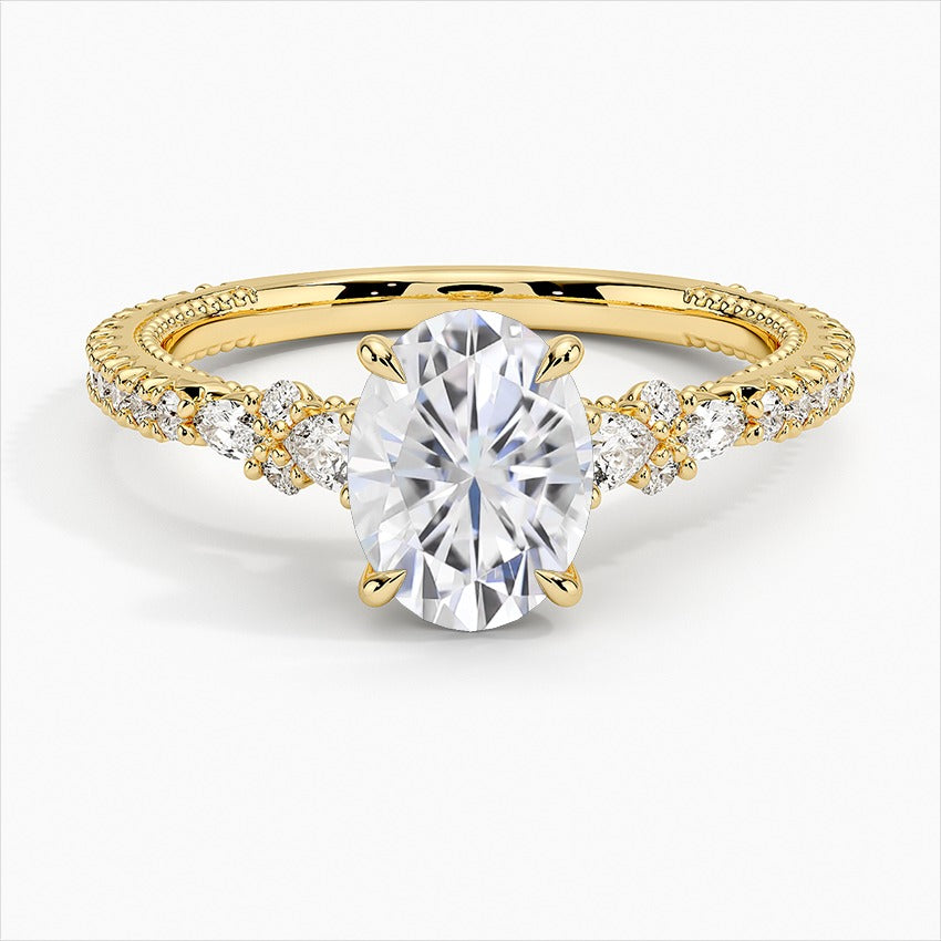 Clarity Oval Cut Three Stone Moissanite Engagement Ring Yellow Gold