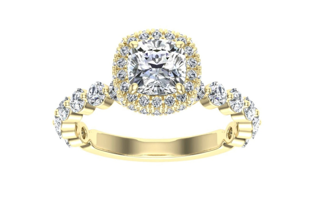 Covenant Cushion Cut Double Edge Halo Moissanite Engagement Ring Yellow Gold