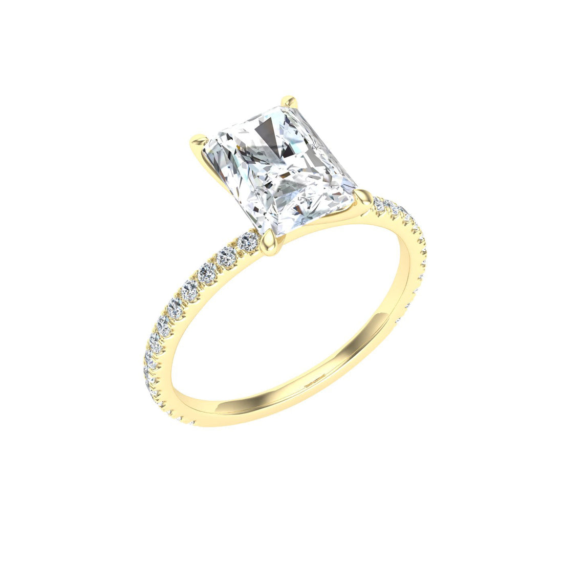 Crescendo Radiant Cut Solitaire Moissanite Engagement Ring Yellow Gold