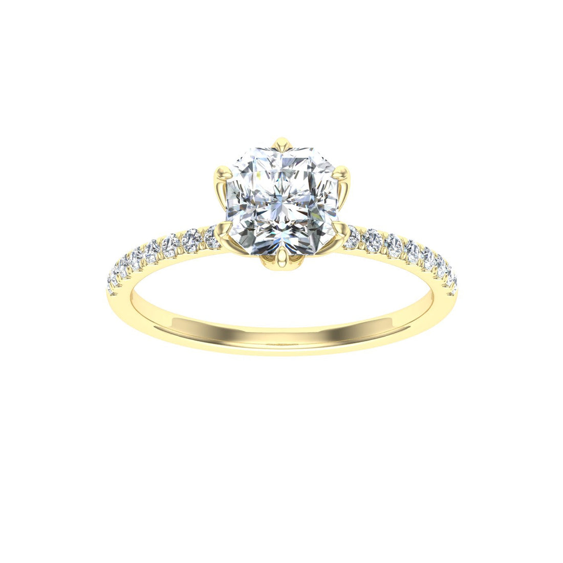 Crown Asscher Cut Hidden Halo Moissanite Engagement Ring Yellow Gold