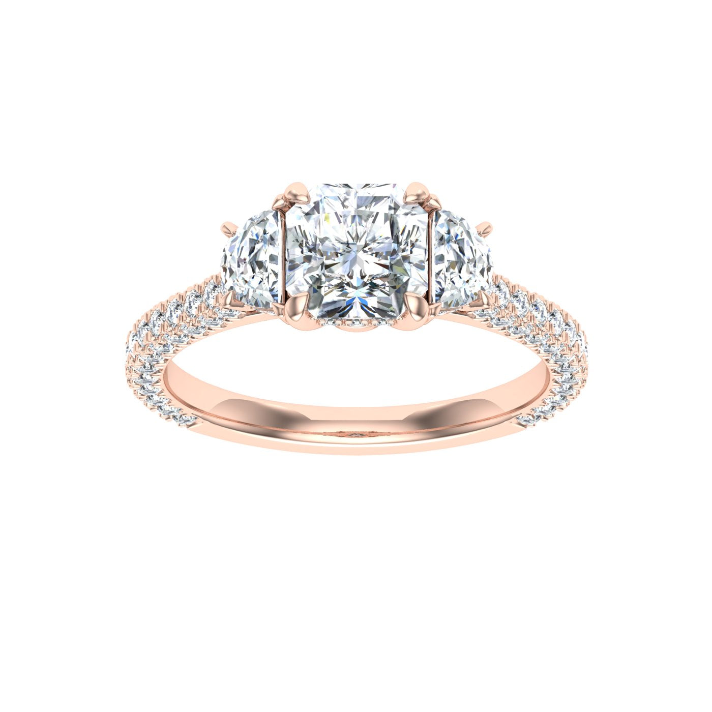 Crowncut Asscher 3 Stone Moissanite Engagement Ring Rose Gold