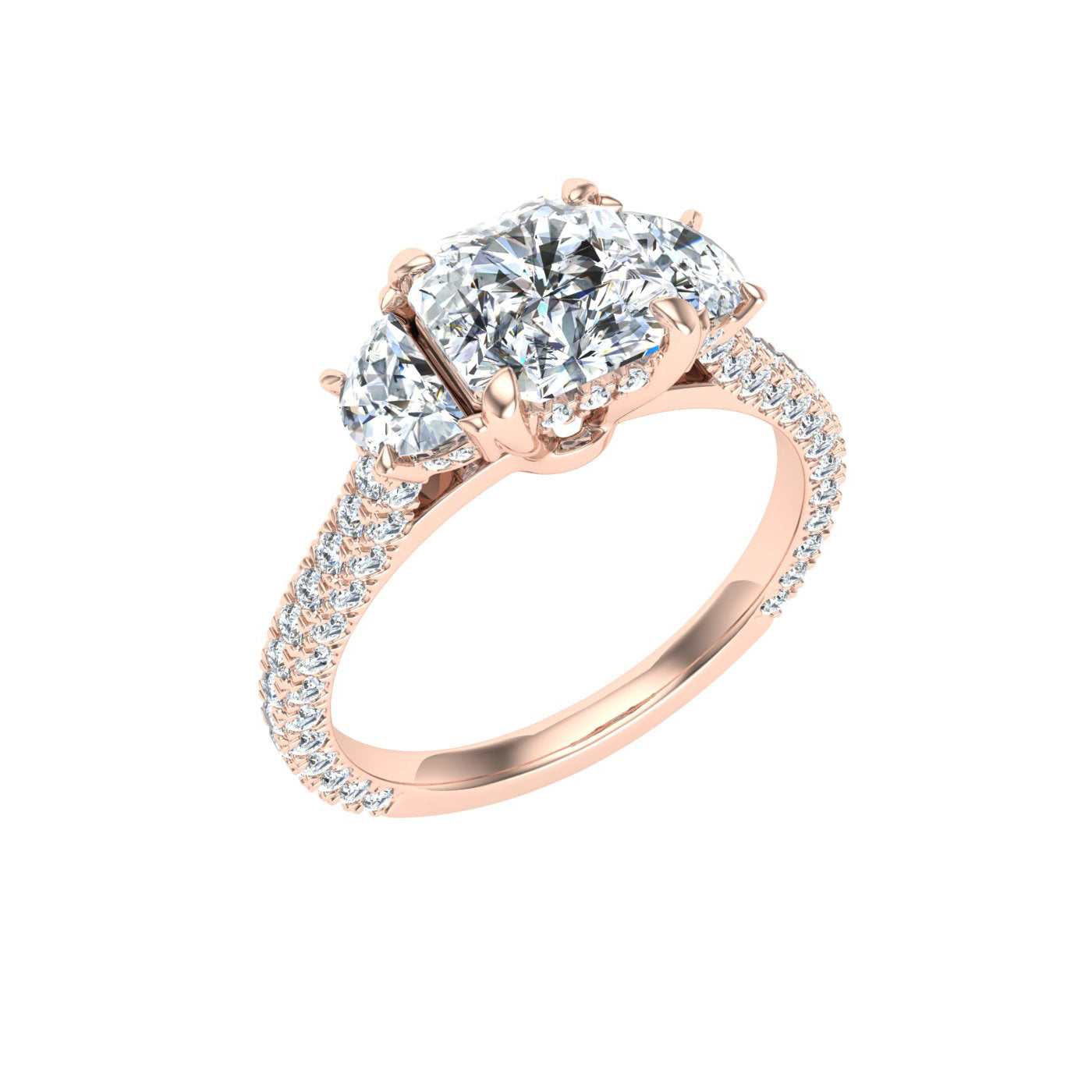 Crowncut Asscher 3 Stone Moissanite Engagement Ring Rose Gold