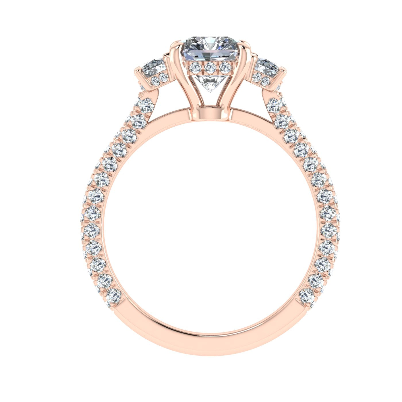 Crowncut Asscher 3 Stone Moissanite Engagement Ring Rose Gold
