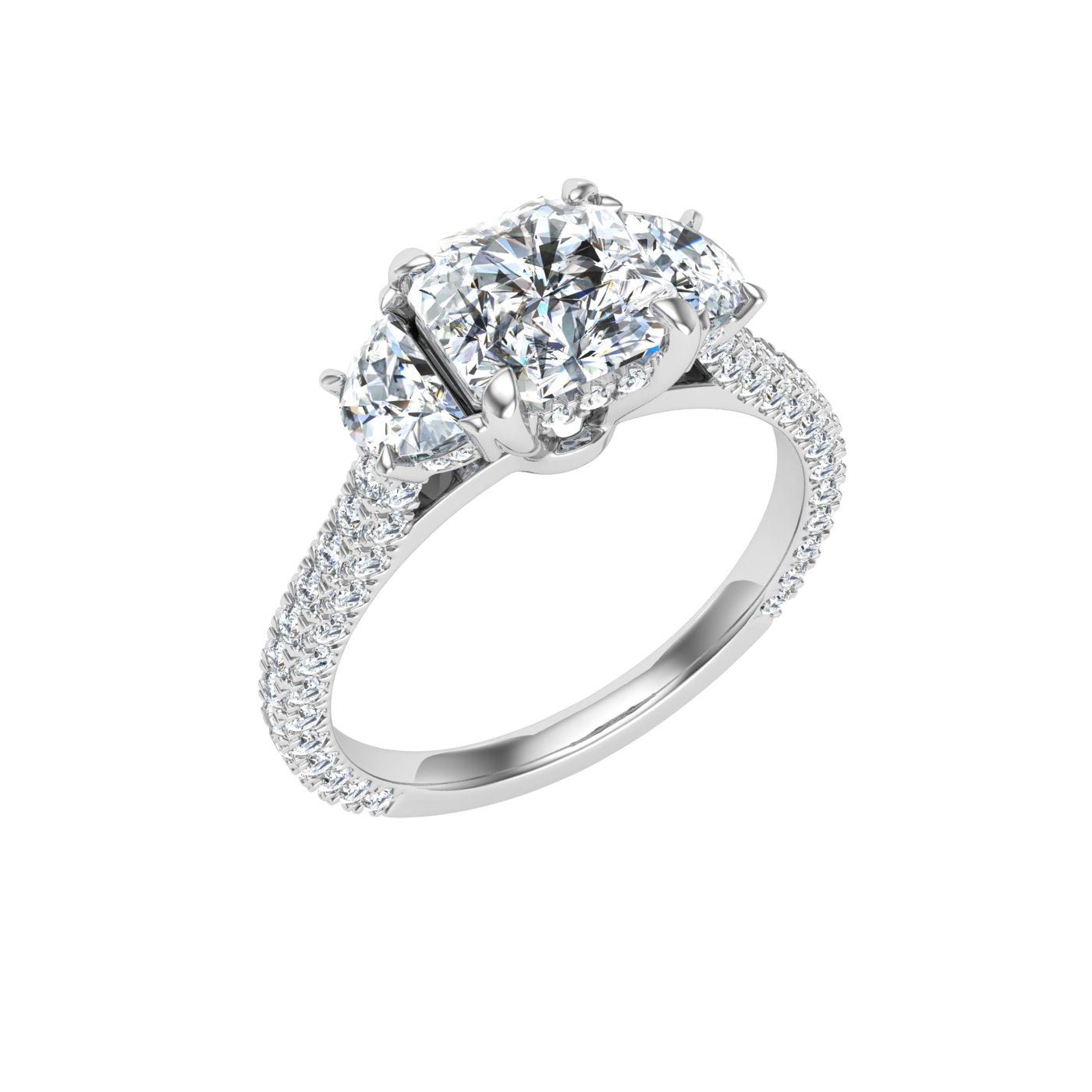 Crowncut Asscher 3 Stone Moissanite Engagement Ring White Gold