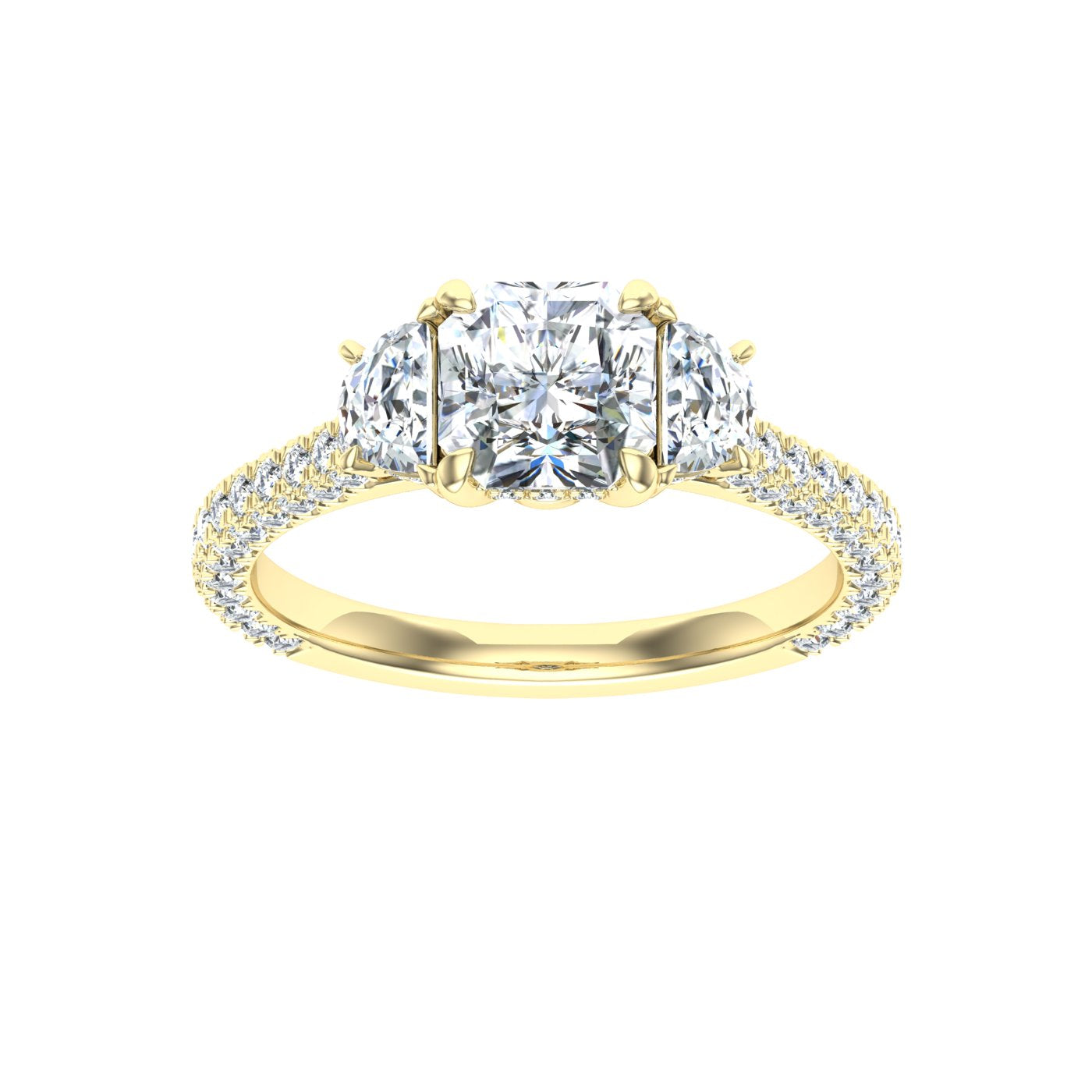 Crowncut Asscher 3 Stone Moissanite Engagement Ring Yellow Gold