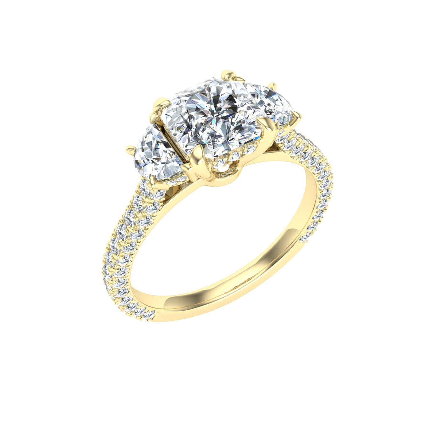 Crowncut Asscher 3 Stone Moissanite Engagement Ring Yellow Gold