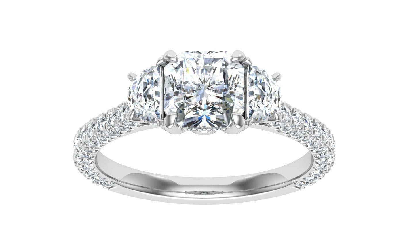 Crowncut Asscher 3 Stone Moissanite Engagement Ring White Gold