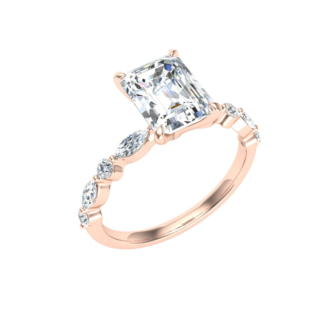 Crystalline Emerald Cut Side Stones Moissanite Engagement Ring Rose Gold