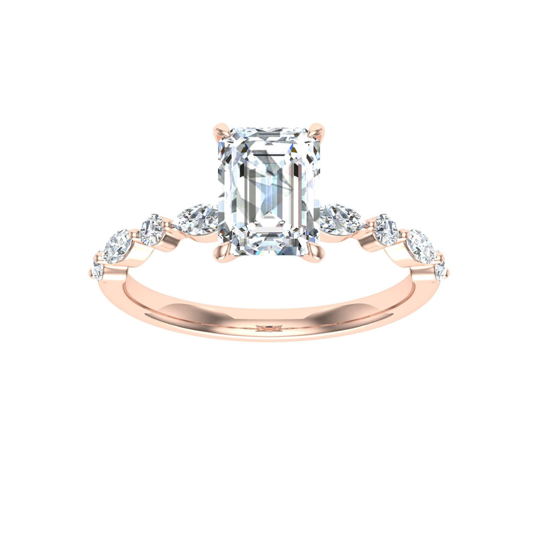 Crystalline Emerald Cut Side Stones Moissanite Engagement Ring Rose Gold