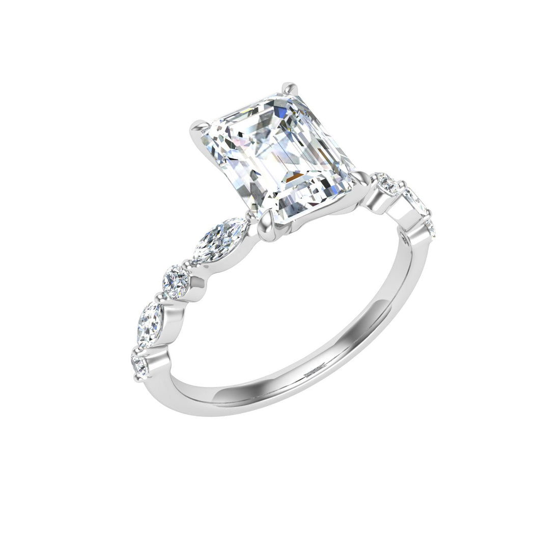 Crystalline Emerald Cut Side Stones Moissanite Engagement Ring White Gold