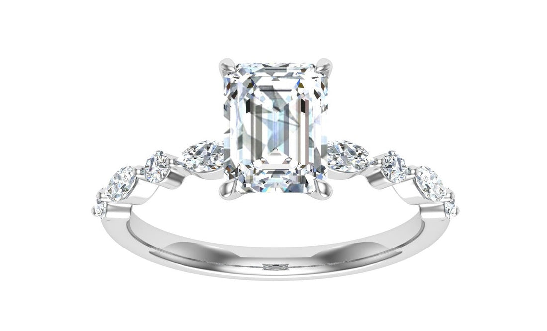 Crystalline Emerald Cut Side Stones Moissanite Engagement Ring White Gold