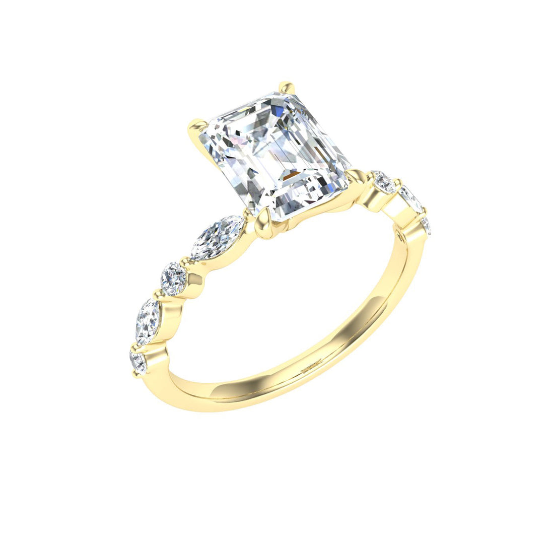 Crystalline Emerald Cut Side Stones Moissanite Engagement Ring Yellow Gold