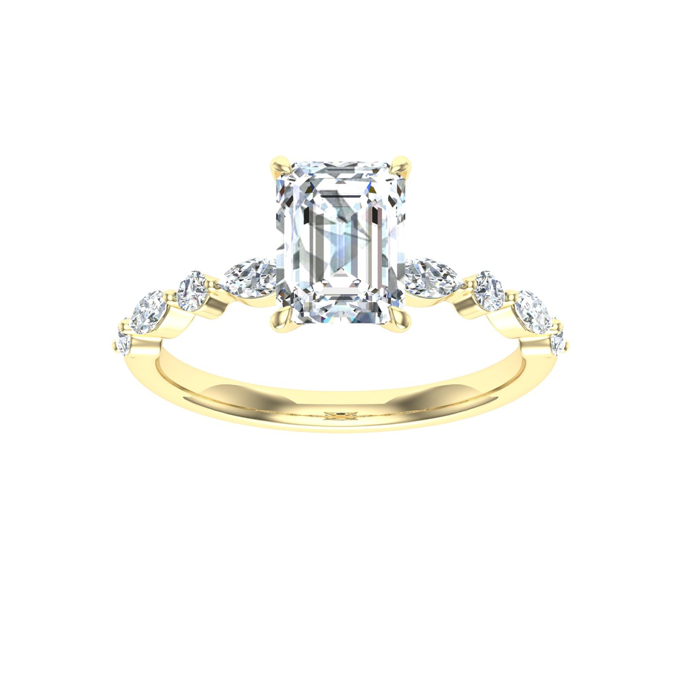 Crystalline Emerald Cut Side Stones Moissanite Engagement Ring Yellow Gold