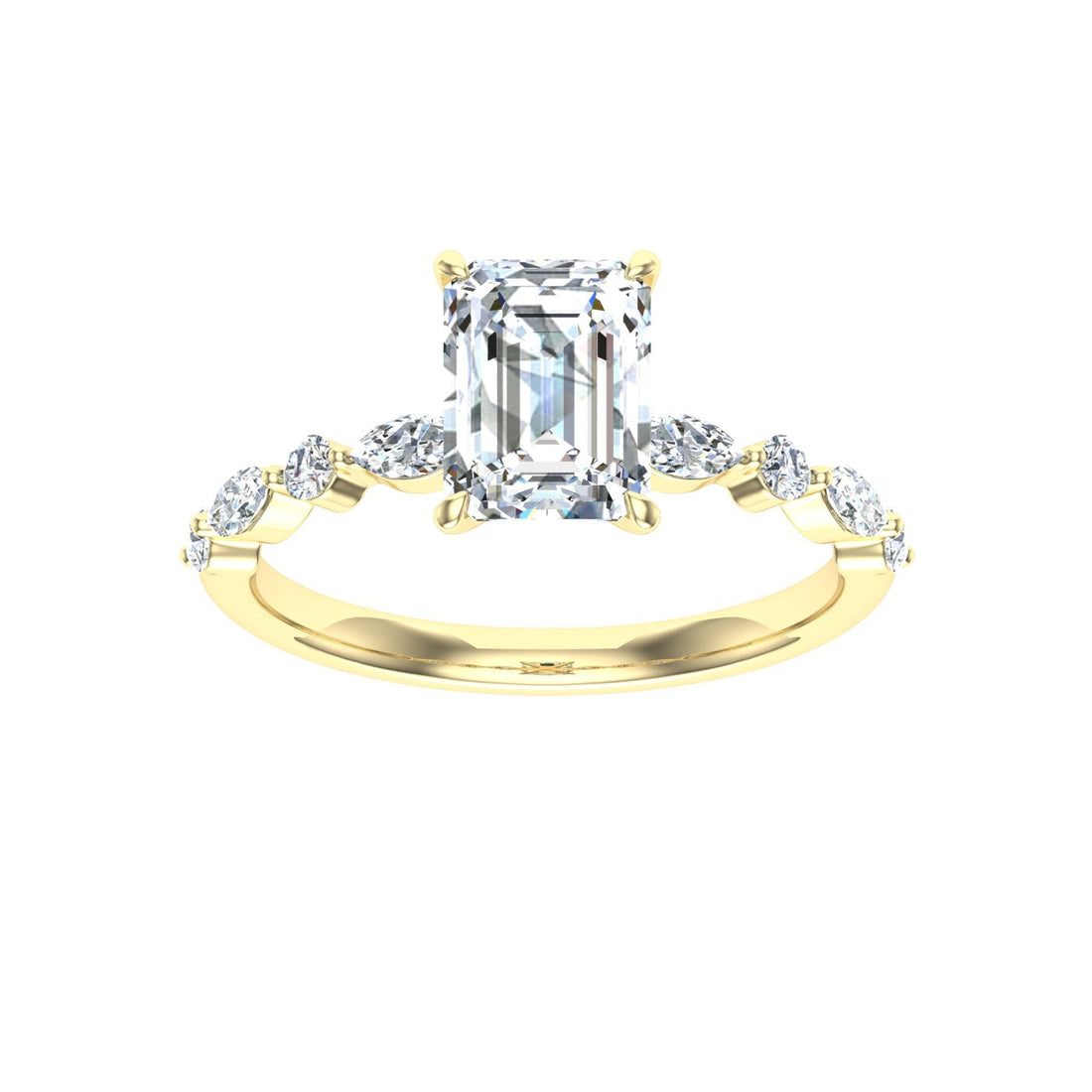 Crystalline Emerald Cut Side Stones Moissanite Engagement Ring Yellow Gold