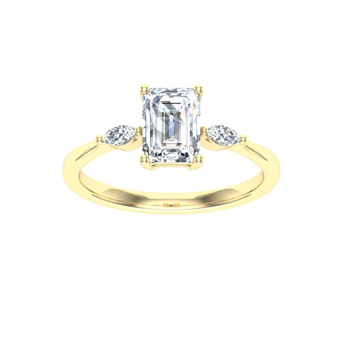 Dance Emerald 3 Stone Solitaire Moissanite Engagement Ring Yellow Gold